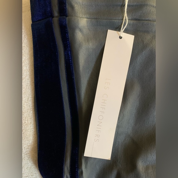 🚫 SOLD Les Chiffoniers Grey Leather pants w/ Blue Velvet Trim - Picture 2 of 5